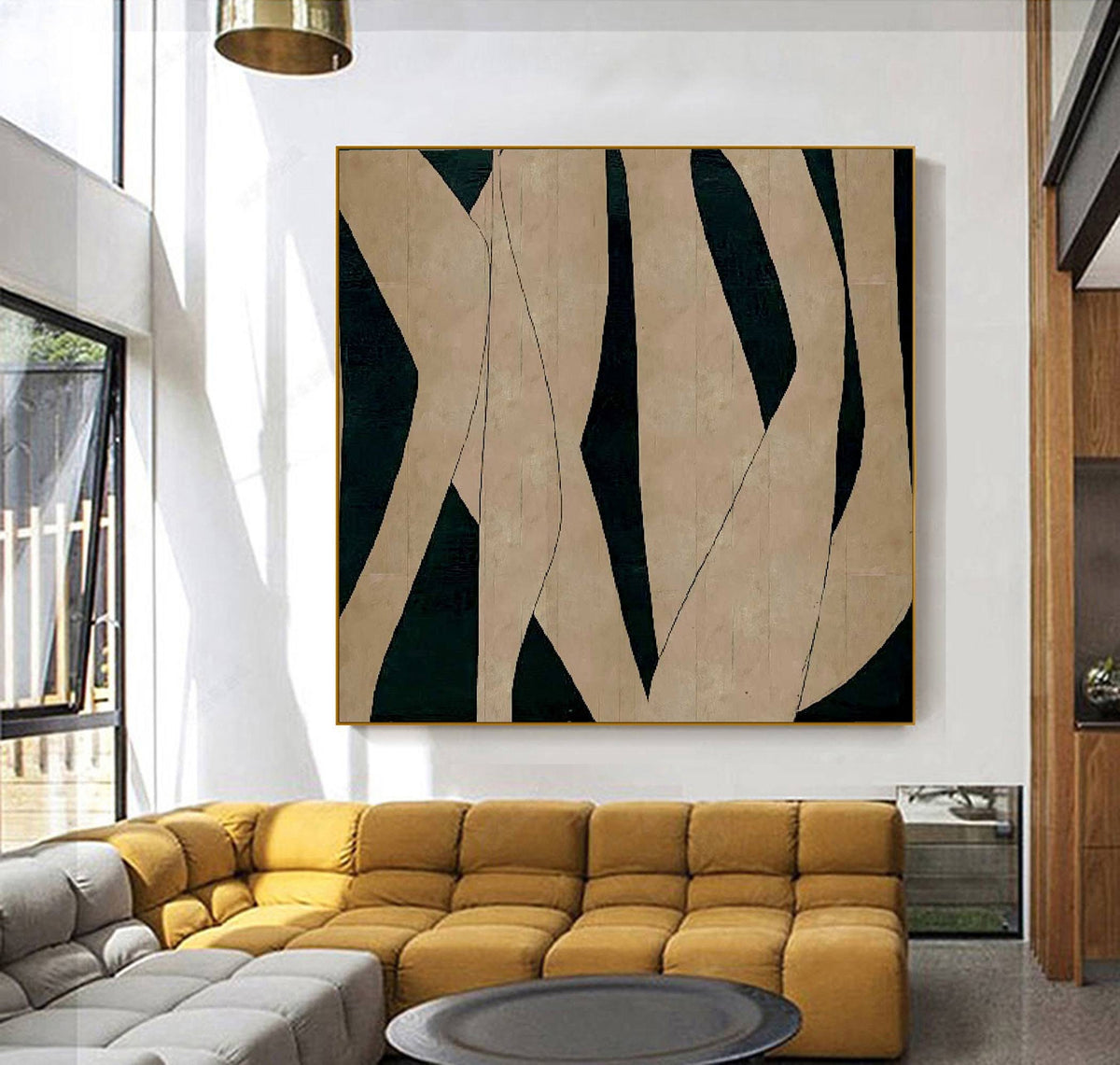 Black Beige Organic Shape Wall Art Dark Green Canvas Painting for Modern Office Decor