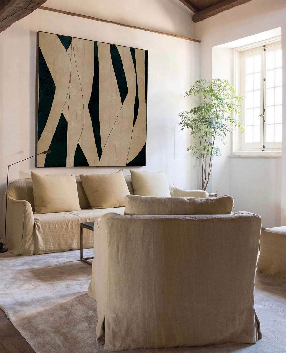 Black Beige Organic Shape Wall Art Dark Green Canvas Painting for Modern Office Decor