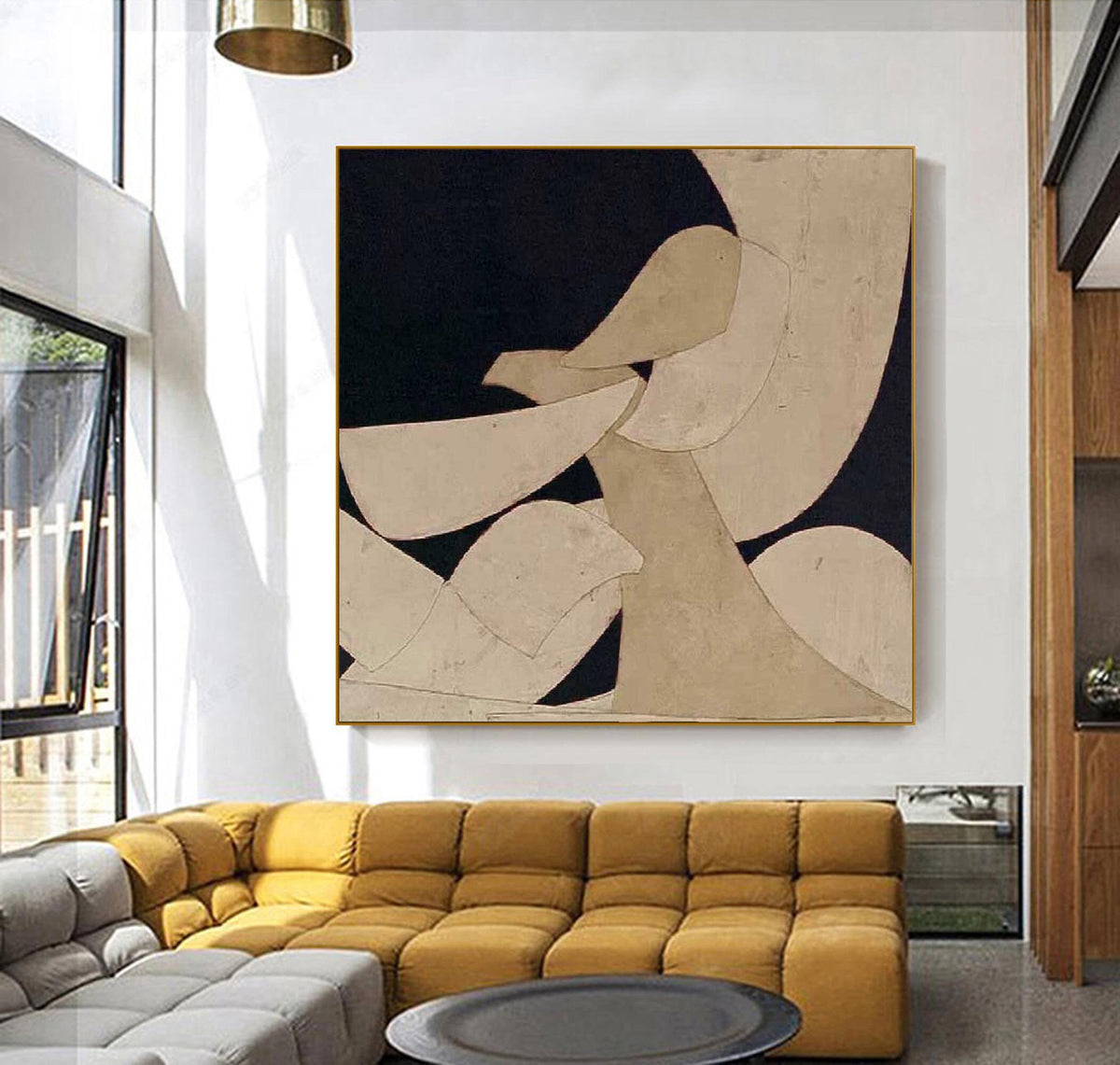 Wabi Sabi Wall Art Beige Black Organic Shape Canvas Painting for Modern Entryway Decor