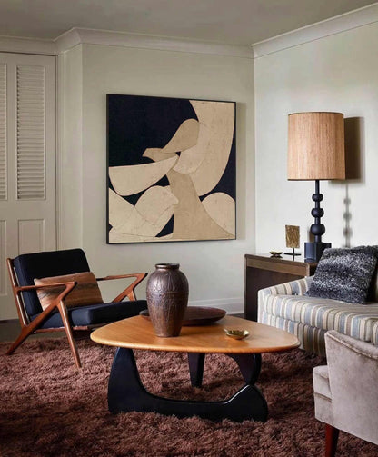 Wabi Sabi Wall Art Beige Black Organic Shape Canvas Painting for Modern Entryway Decor
