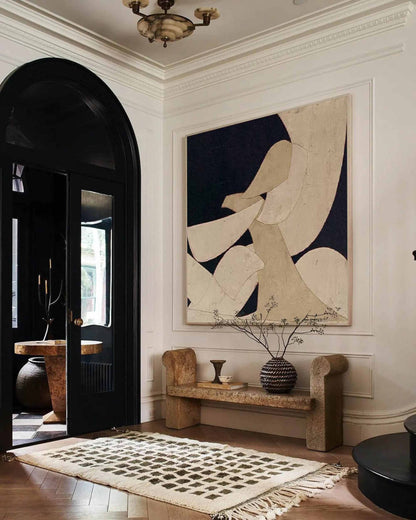 Wabi Sabi Wall Art Beige Black Organic Shape Canvas Painting for Modern Entryway Decor