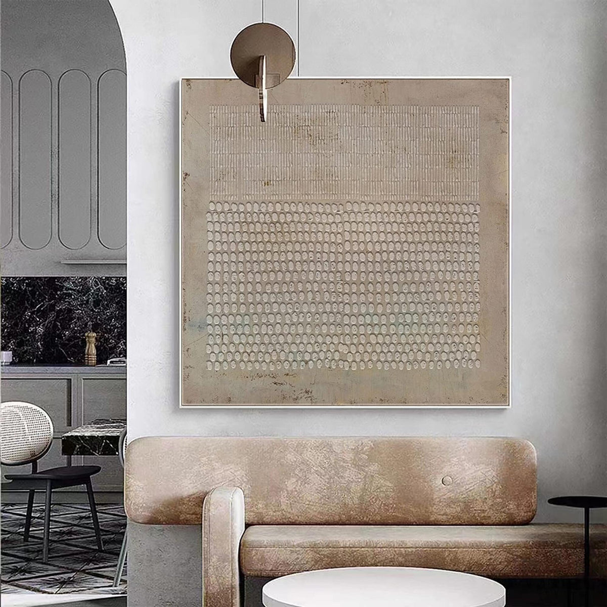 May include: A square wall art piece featuring a beige textured background with a top section of vertical lines and a bottom section of repeating oval shapes. The artwork is framed in a thin white border and displays a neutral color palette.