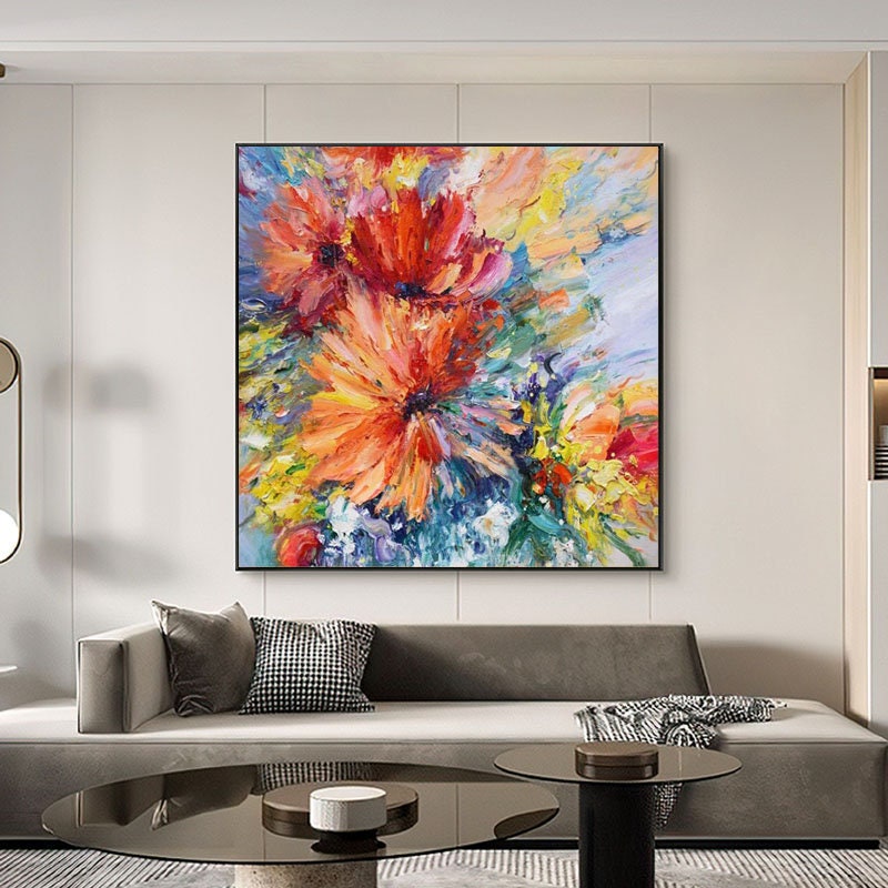 Impressionist Flower Oil Painting on Canvas, Large Colorful Flowers Canvas Wall Art, Modern Textured Floral Painting for Living Room Bedroom