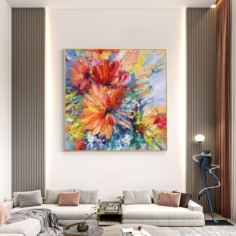 Impressionist Flower Oil Painting on Canvas, Large Colorful Flowers Canvas Wall Art, Modern Textured Floral Painting for Living Room Bedroom