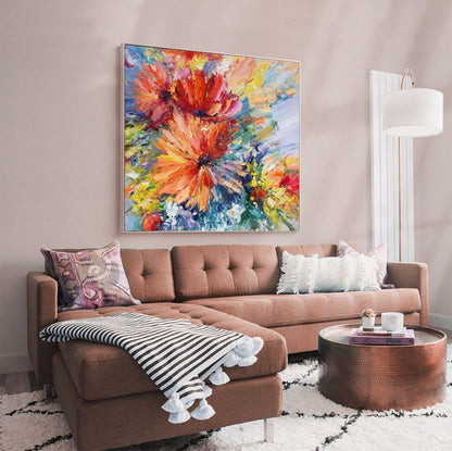 Impressionist Flower Oil Painting on Canvas, Large Colorful Flowers Canvas Wall Art, Modern Textured Floral Painting for Living Room Bedroom
