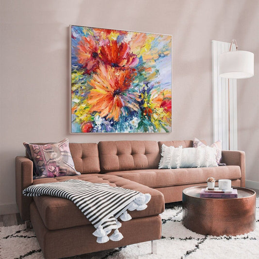 Impressionist Flower Oil Painting on Canvas, Large Colorful Flowers Canvas Wall Art, Modern Textured Floral Painting for Living Room Bedroom