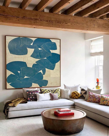 Blue Beige Cutout Shape Wall Art Abstract Textured Canvas Painting for Modern Bedroom Decor