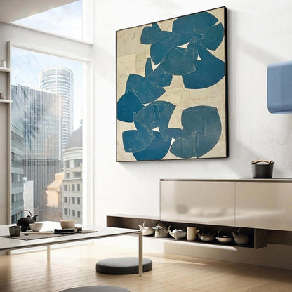Large Blue Beige Abstract Wall Art Organic Shape Canvas Painting for Living Room Decor