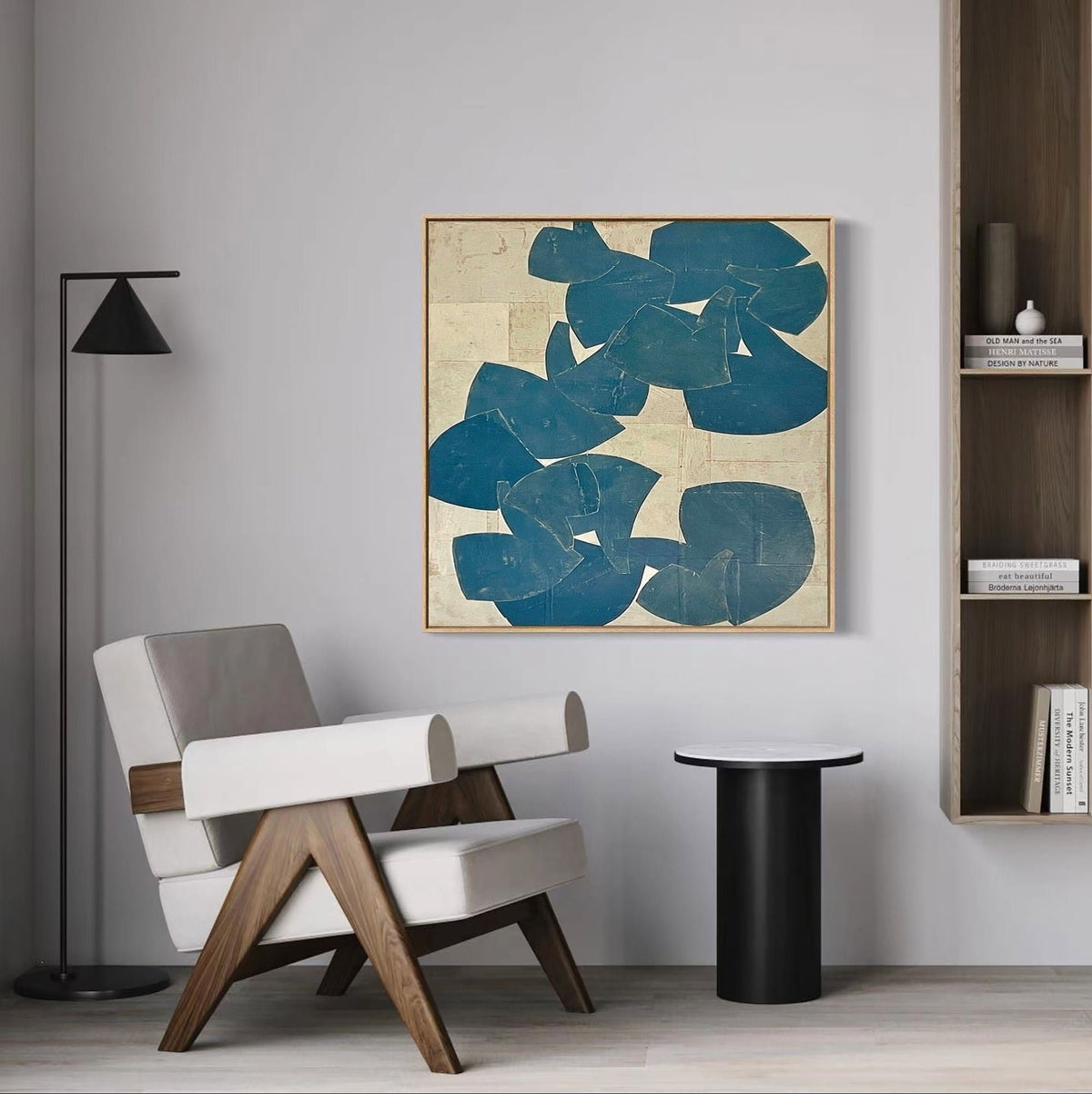 Large Blue Beige Abstract Wall Art Organic Shape Canvas Painting for Living Room Decor