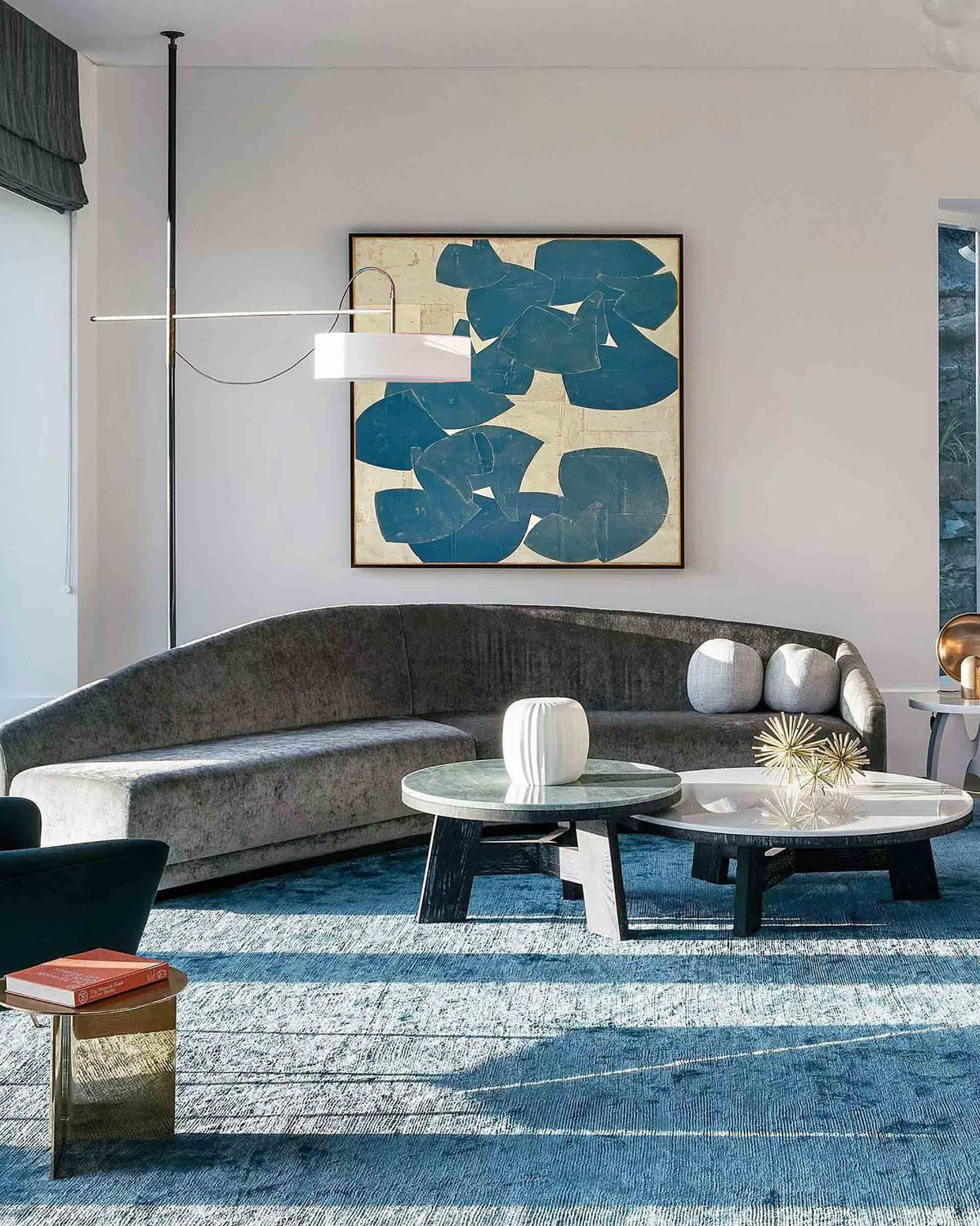Large Blue Beige Abstract Wall Art Organic Shape Canvas Painting for Living Room Decor