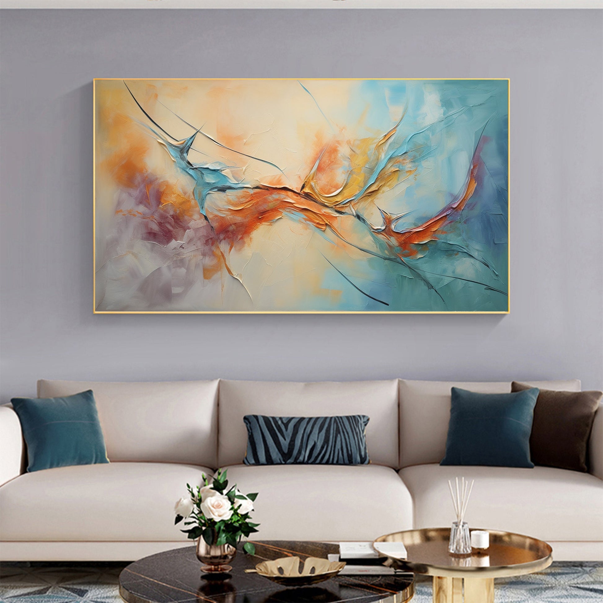 Original Framed – Large Blue and Orange Abstract Wall Art | Impasto Hand-Painted Oil Painting, view 2