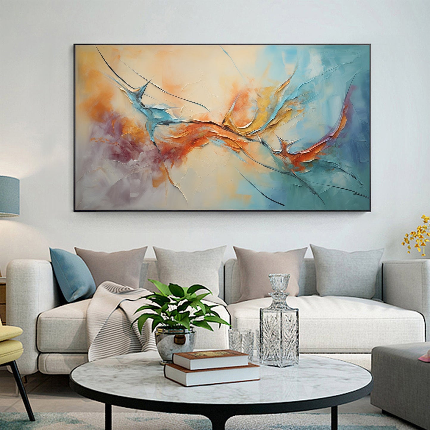 Large Blue and Orange Impasto Abstract Wall Art – Original Framed