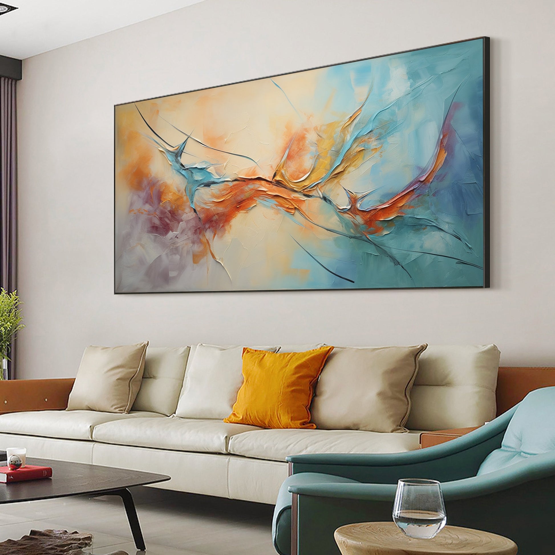 Original Framed – Large Blue and Orange Abstract Wall Art | Impasto Hand-Painted Oil Painting, view 4