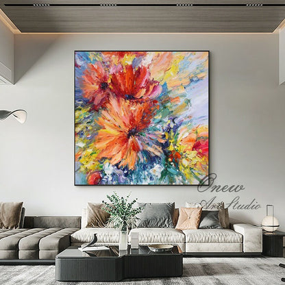 Impressionist Flower Oil Painting on Canvas, Large Colorful Flowers Canvas Wall Art, Modern Textured Floral Painting for Living Room Bedroom