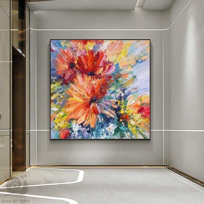 Impressionist Flower Oil Painting on Canvas, Large Colorful Flowers Canvas Wall Art, Modern Textured Floral Painting for Living Room Bedroom