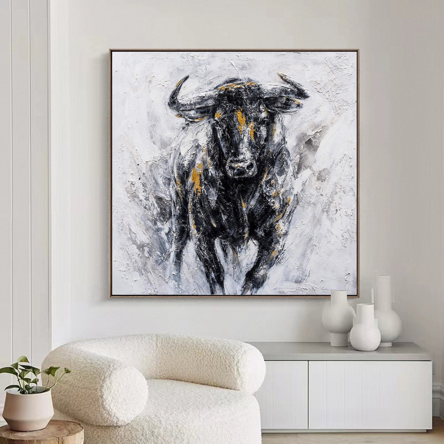 Abstract Bull Painting on Canvas – Black & Gold Textured Wall Art – Abstract Painting