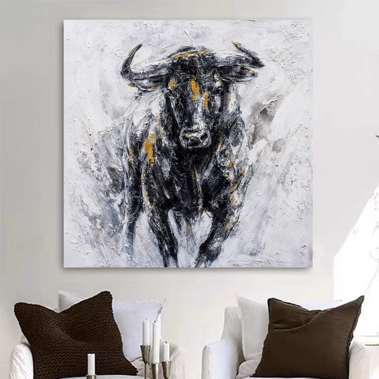 Abstract Bull Painting on Canvas – Black & Gold Textured Wall Art – Abstract Painting