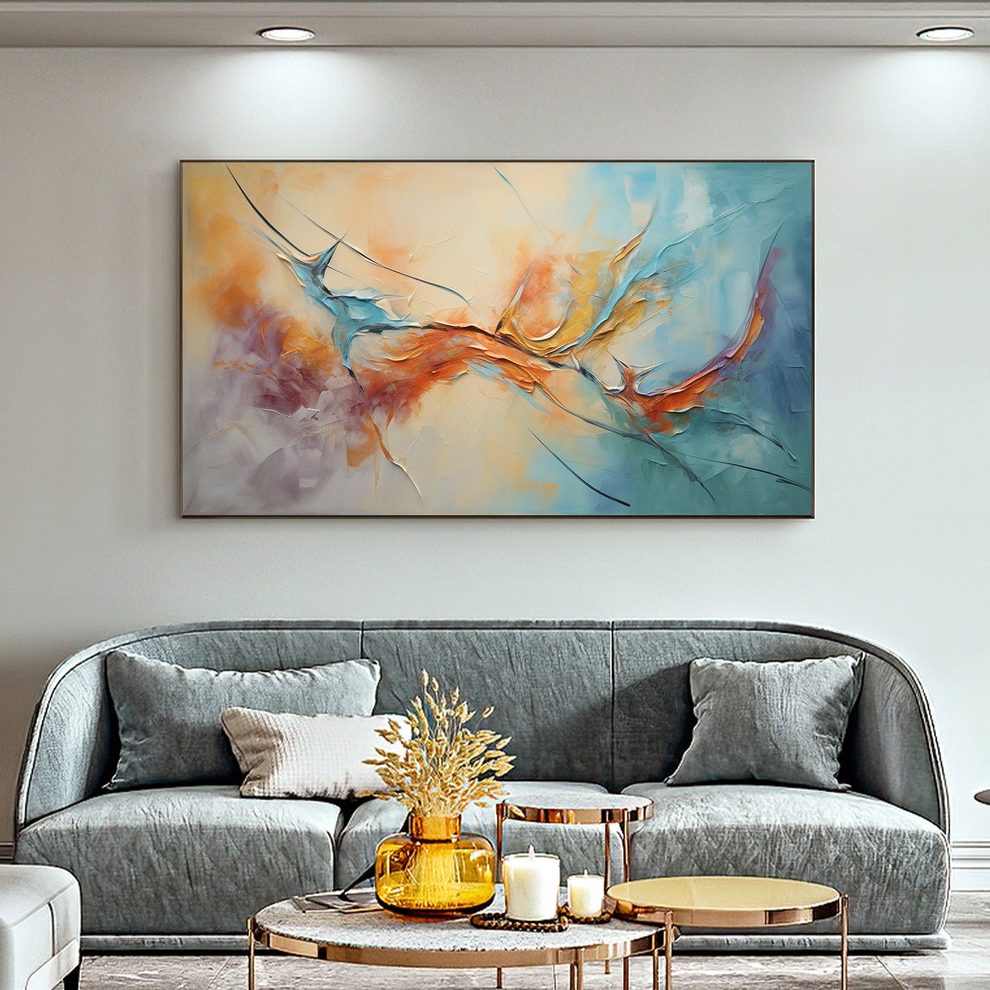 Large Blue and Orange Impasto Abstract Wall Art – Original Framed