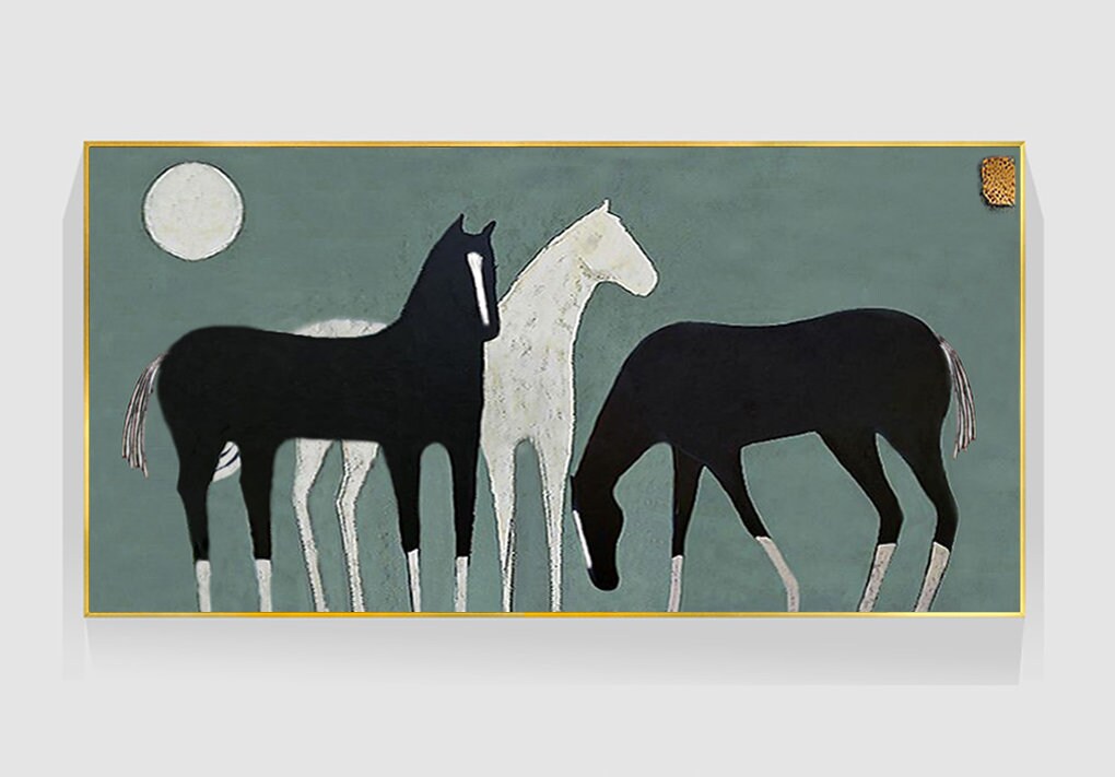 Abstract Black and White Horses Oil Painting on Canvas, Large Original Horse Canvas Wall Art, Modern Animal Painting for Living Room Bedroom
