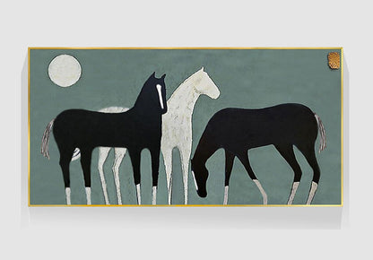 Abstract Black and White Horses Oil Painting on Canvas, Large Original Horse Canvas Wall Art, Modern Animal Painting for Living Room Bedroom