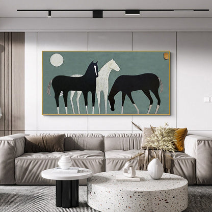 Abstract Black and White Horses Oil Painting on Canvas, Large Original Horse Canvas Wall Art, Modern Animal Painting for Living Room Bedroom