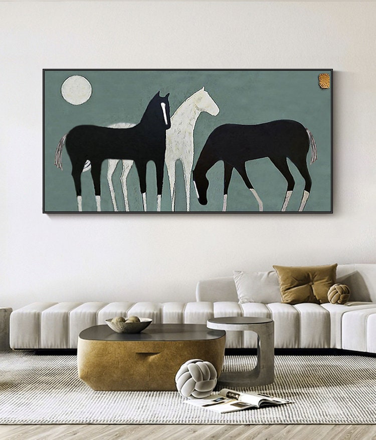 Abstract Black and White Horses Oil Painting on Canvas, Large Original Horse Canvas Wall Art, Modern Animal Painting for Living Room Bedroom