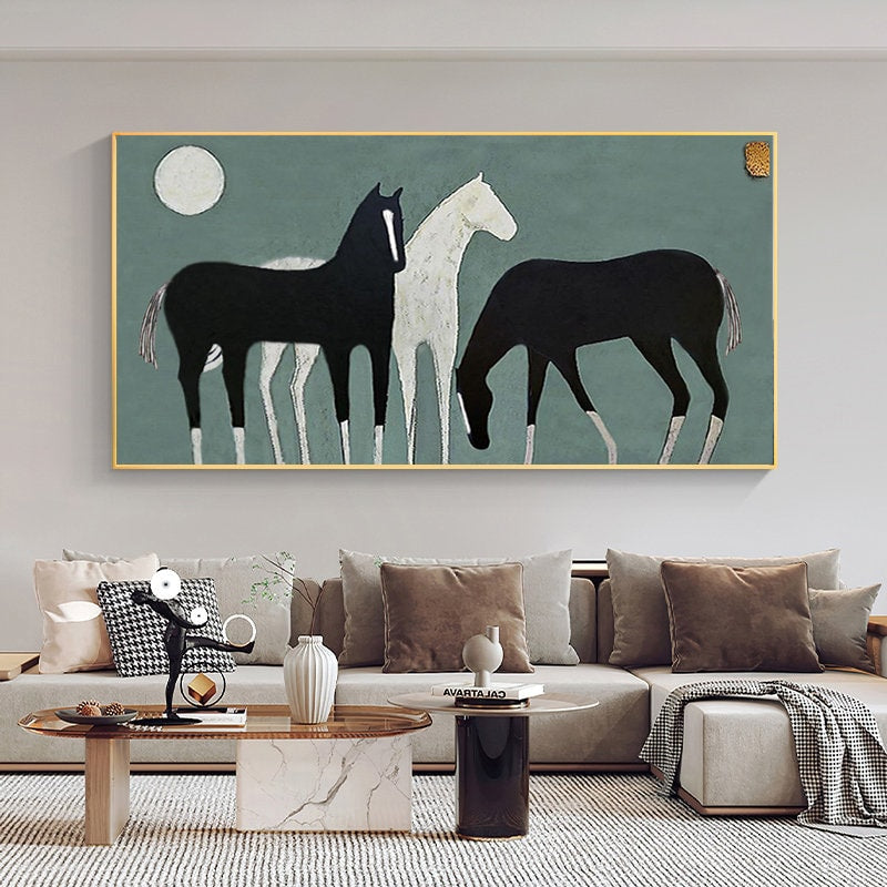 Abstract Black and White Horses Oil Painting on Canvas, Large Original Horse Canvas Wall Art, Modern Animal Painting for Living Room Bedroom