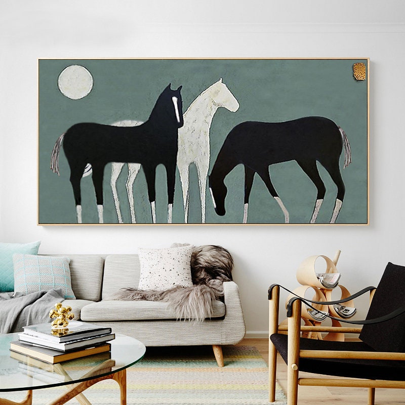 Abstract Black and White Horses Oil Painting on Canvas, Large Original Horse Canvas Wall Art, Modern Animal Painting for Living Room Bedroom