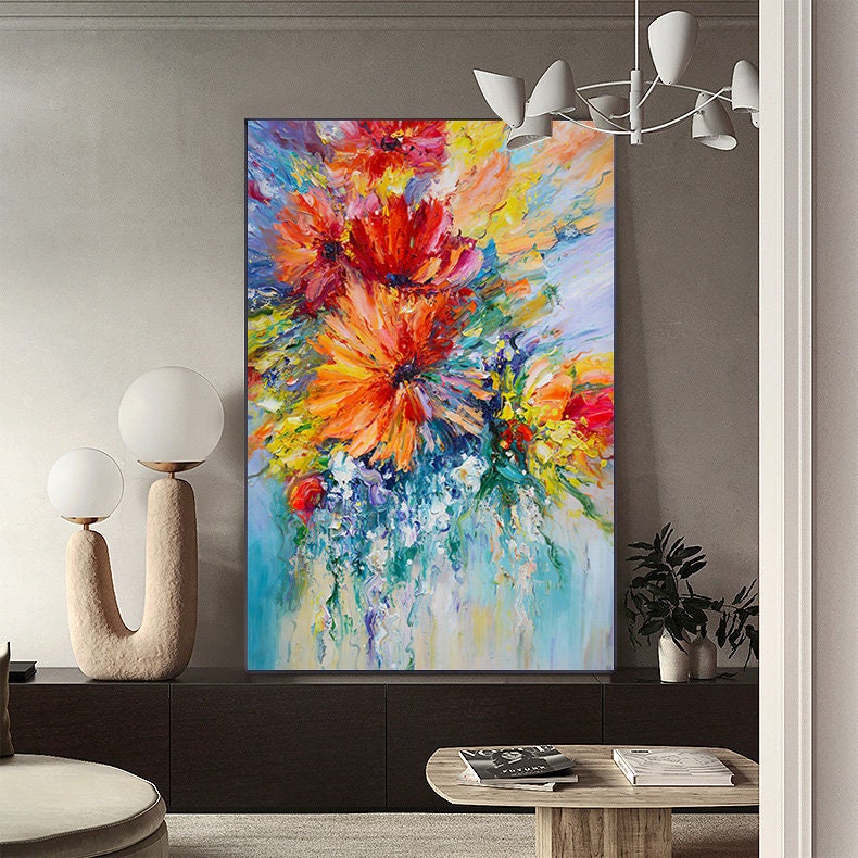 Large Abstract Flower Oil Painting on Canvas, Original Flower Canvas Wall Art, Modern Textured Floral Wall Art for Living Room, Home Décor