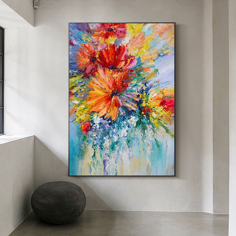 Large Abstract Flower Oil Painting on Canvas, Original Flower Canvas Wall Art, Modern Textured Floral Wall Art for Living Room, Home Décor