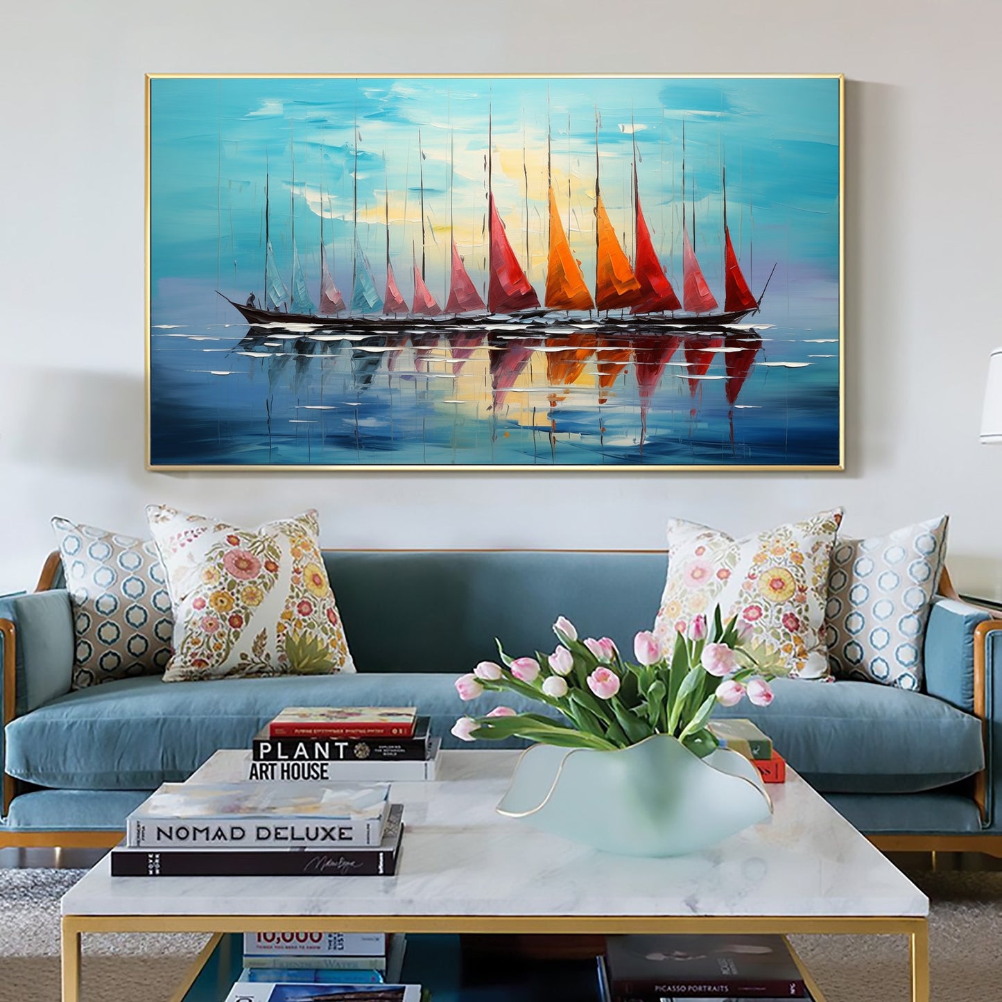 Colorful Sailboat Abstract Wall Art – Original Sailboats Oil Painting
