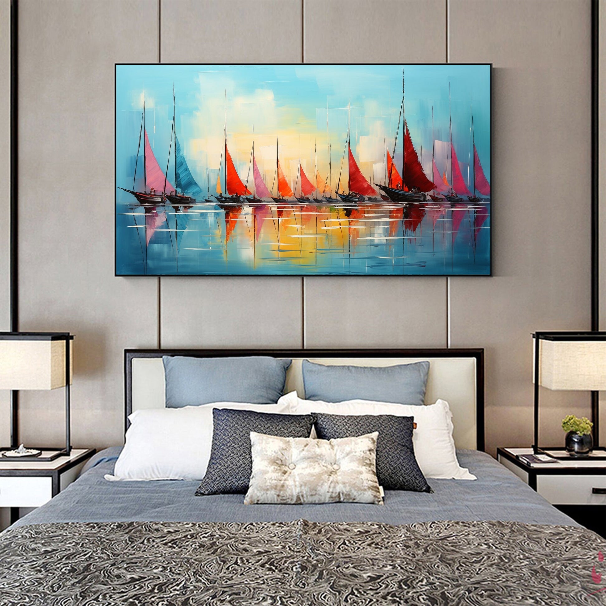 Original Sailboats Painting on Canvas – Colorful Sailboat Abstract Wall Art | Oil Painting, view 5