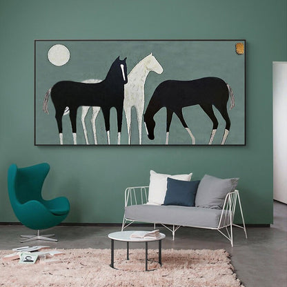 Abstract Black and White Horses Oil Painting on Canvas, Large Original Horse Canvas Wall Art, Modern Animal Painting for Living Room Bedroom