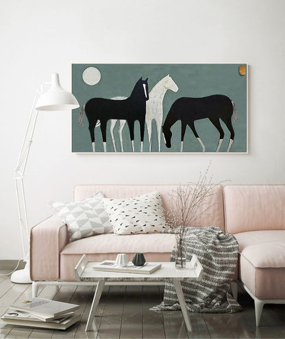 Abstract Black and White Horses Oil Painting on Canvas, Large Original Horse Canvas Wall Art, Modern Animal Painting for Living Room Bedroom