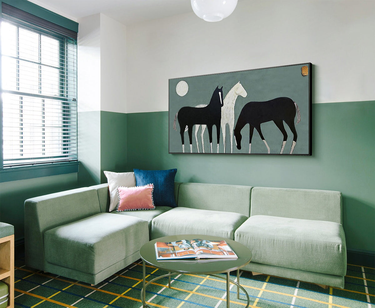 Abstract Black and White Horses Oil Painting on Canvas, Large Original Horse Canvas Wall Art, Modern Animal Painting for Living Room Bedroom