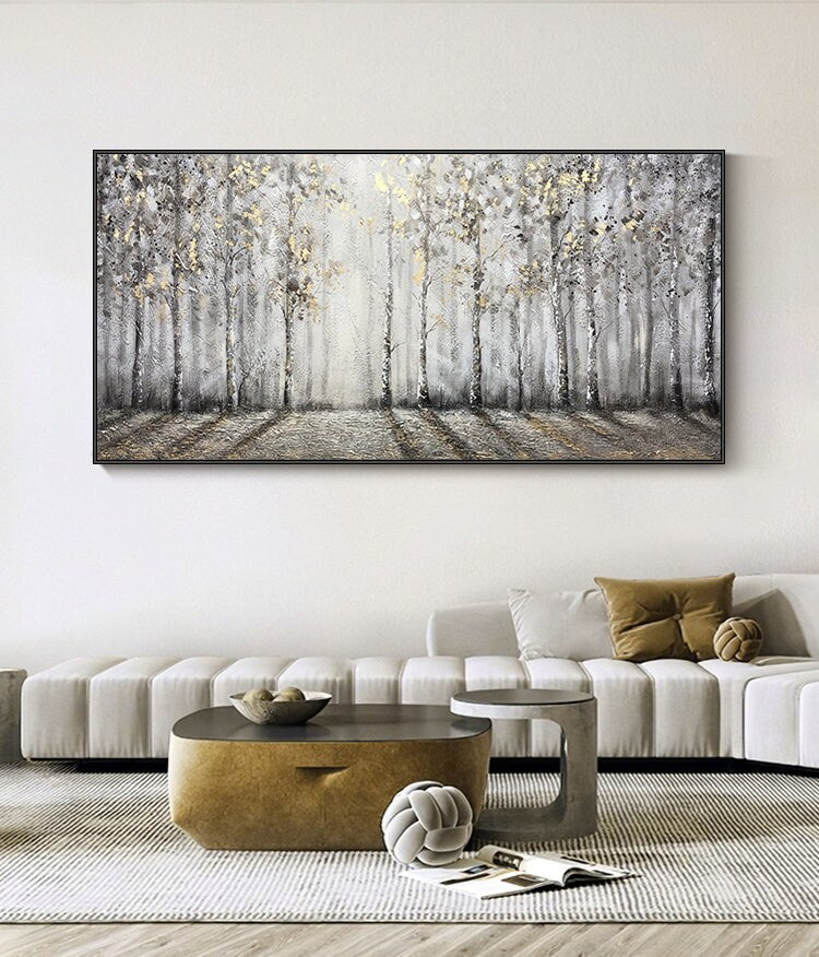 Abstract Birch Trees Oil Painting on Canvas, Original Hand-painted Landscape Canvas Art, Modern Forest Wall Art for Living Room, Home Décor