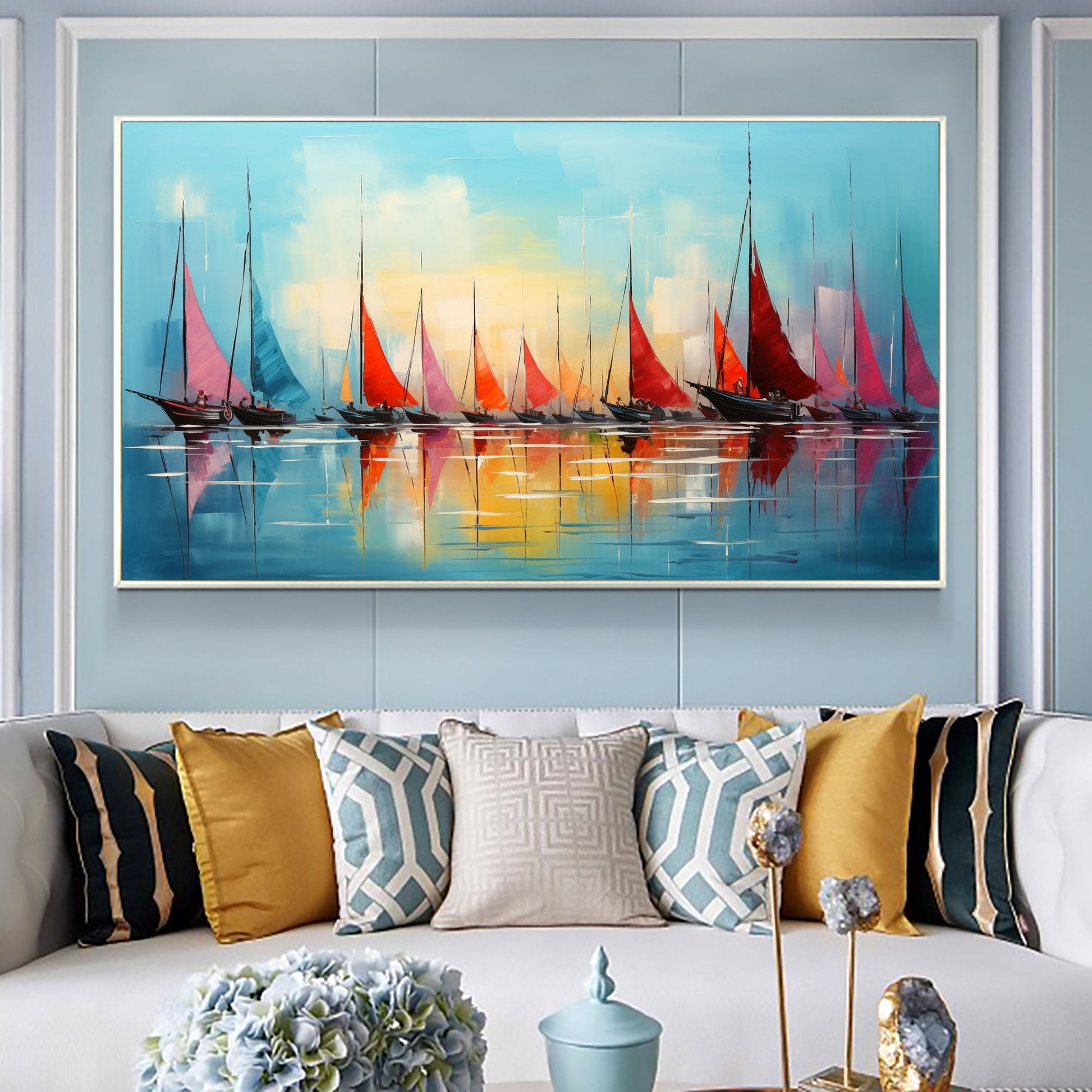 Original Sailboats Painting on Canvas – Colorful Sailboat Abstract Wall Art | Oil Painting, view 2