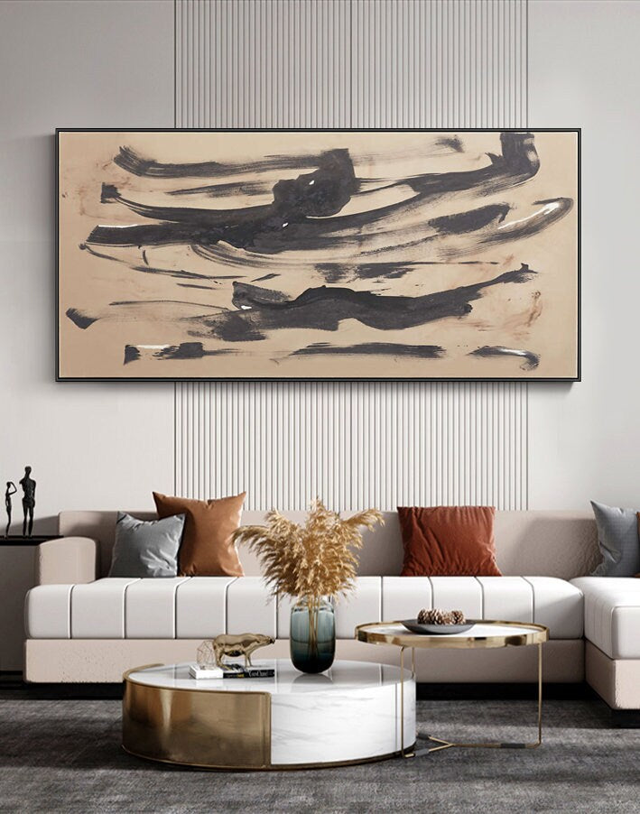 Beige and Black Abstract Oil Painting on Canvas, Original Hand-painted Canvas Art, Modern Minimalist Wall Art for Living Room, Home Décor