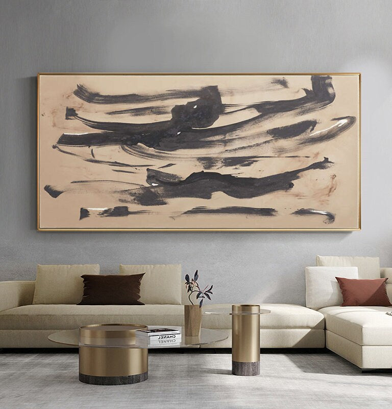 Beige and Black Abstract Oil Painting on Canvas, Original Hand-painted Canvas Art, Modern Minimalist Wall Art for Living Room, Home Décor
