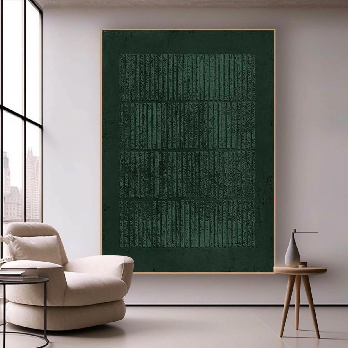Large Dark Green Abstract Wall Art Textured Wabi Sabi Canvas for Living Room Decor