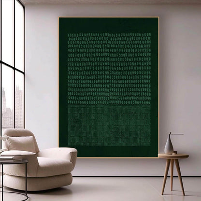 May include: Abstract art print with a green background and a pattern of small circles and lines. The print is framed in a thin, light wood frame.