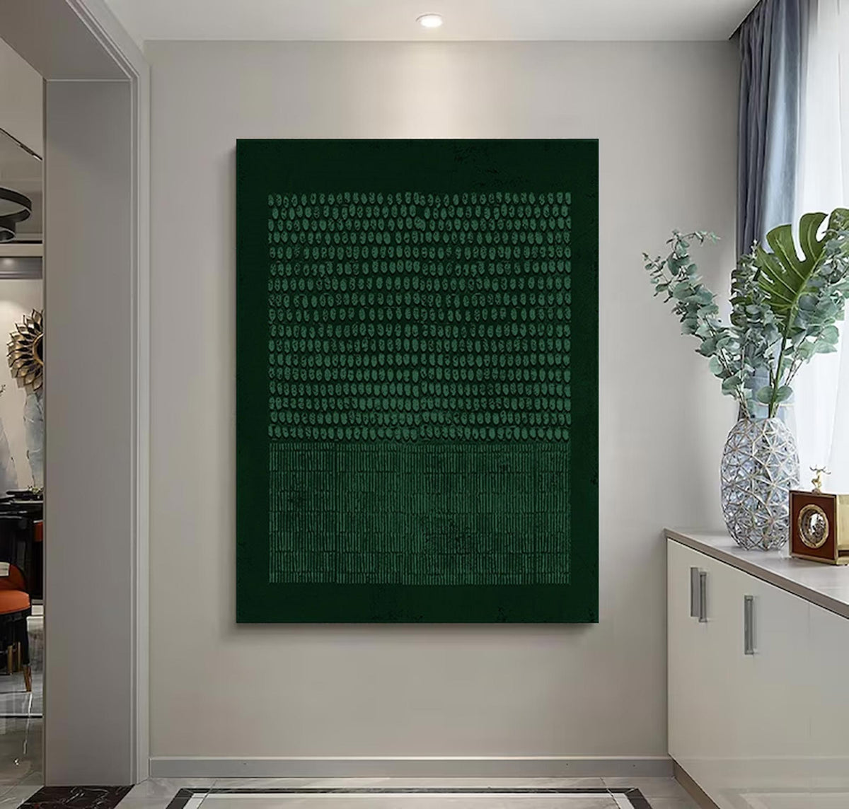 May include: A dark green abstract wall art print with a pattern of small circles and lines. The print is framed and hanging on a white wall.