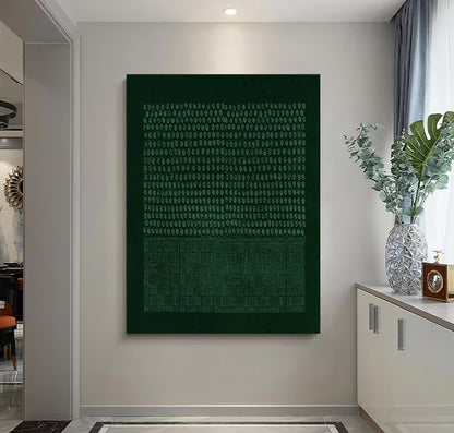 May include: A dark green abstract wall art print with a pattern of small circles and lines. The print is framed and hanging on a white wall.
