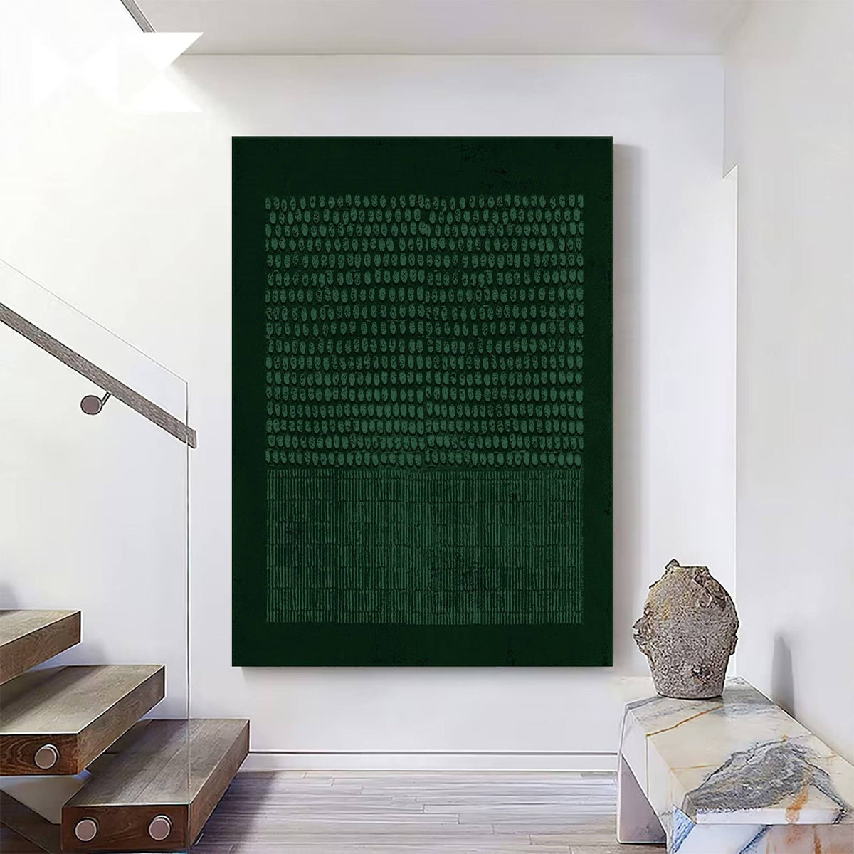 May include: Abstract art print with a dark green background and a pattern of small circles and lines. The print is framed and hanging on a white wall.