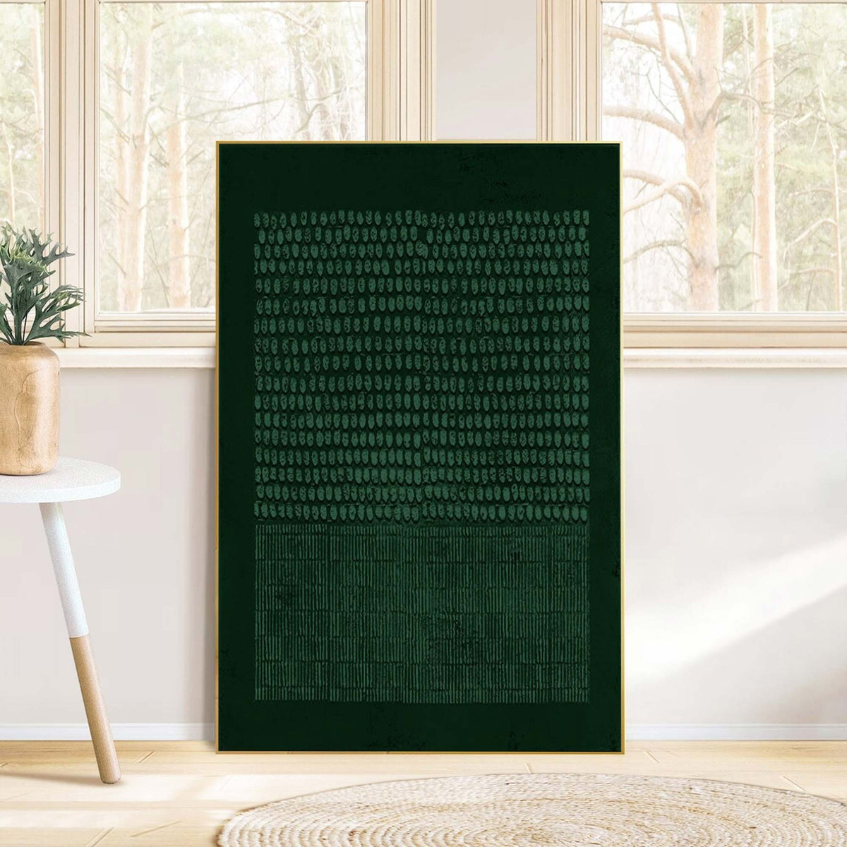 May include: Abstract art print with a dark green background and a pattern of small circles and vertical lines.