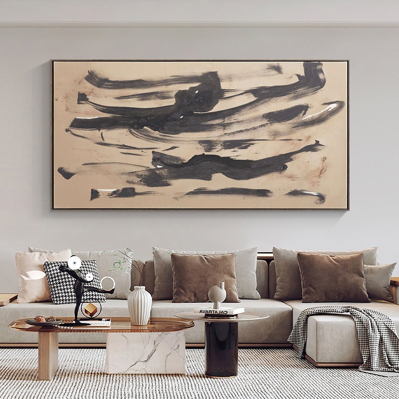 Beige and Black Abstract Oil Painting on Canvas, Original Hand-painted Canvas Art, Modern Minimalist Wall Art for Living Room, Home Décor
