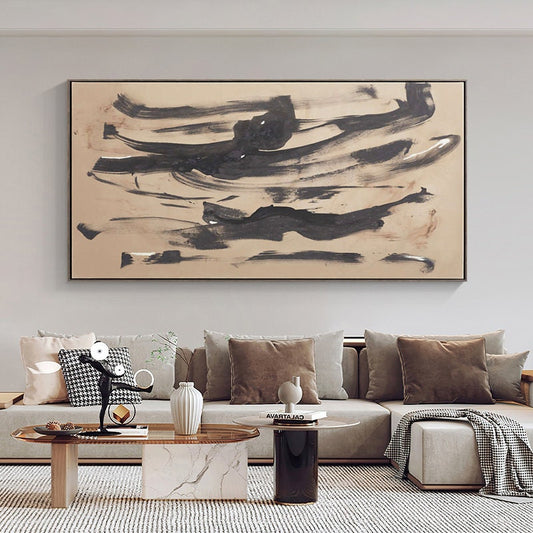 Beige and Black Abstract Oil Painting on Canvas, Original Hand-painted Canvas Art, Modern Minimalist Wall Art for Living Room, Home Décor