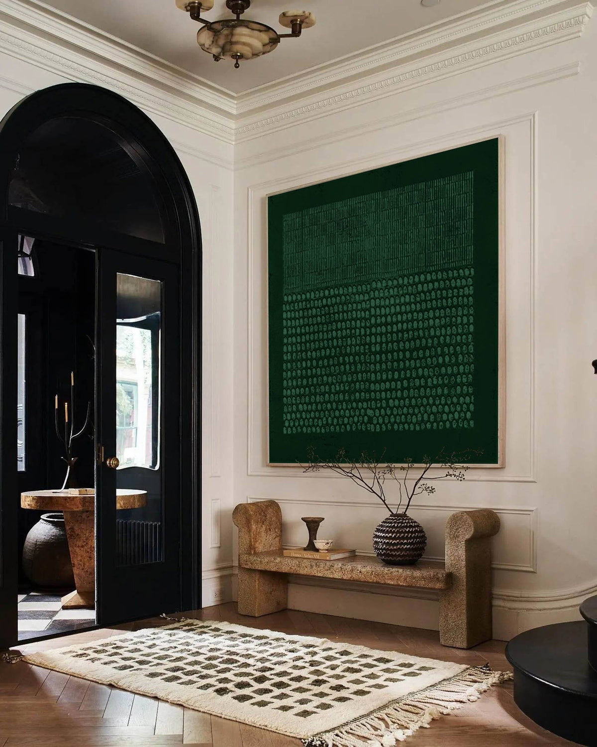 Wabi Sabi Wall Art Forest Green Dot Texture Canvas Painting for Modern Office Decor