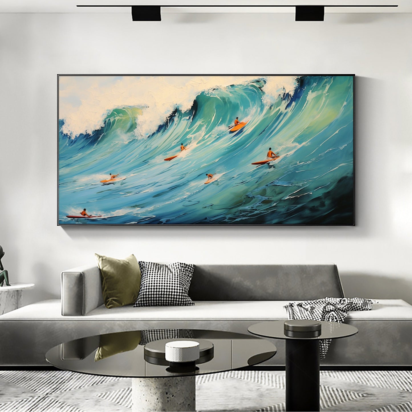 Original Surf Painting on Canvas, Blue Ocean Waves Scenery Art – Blue Ocean Wave Seascape Wall Art | Abstract Oil Painting, v