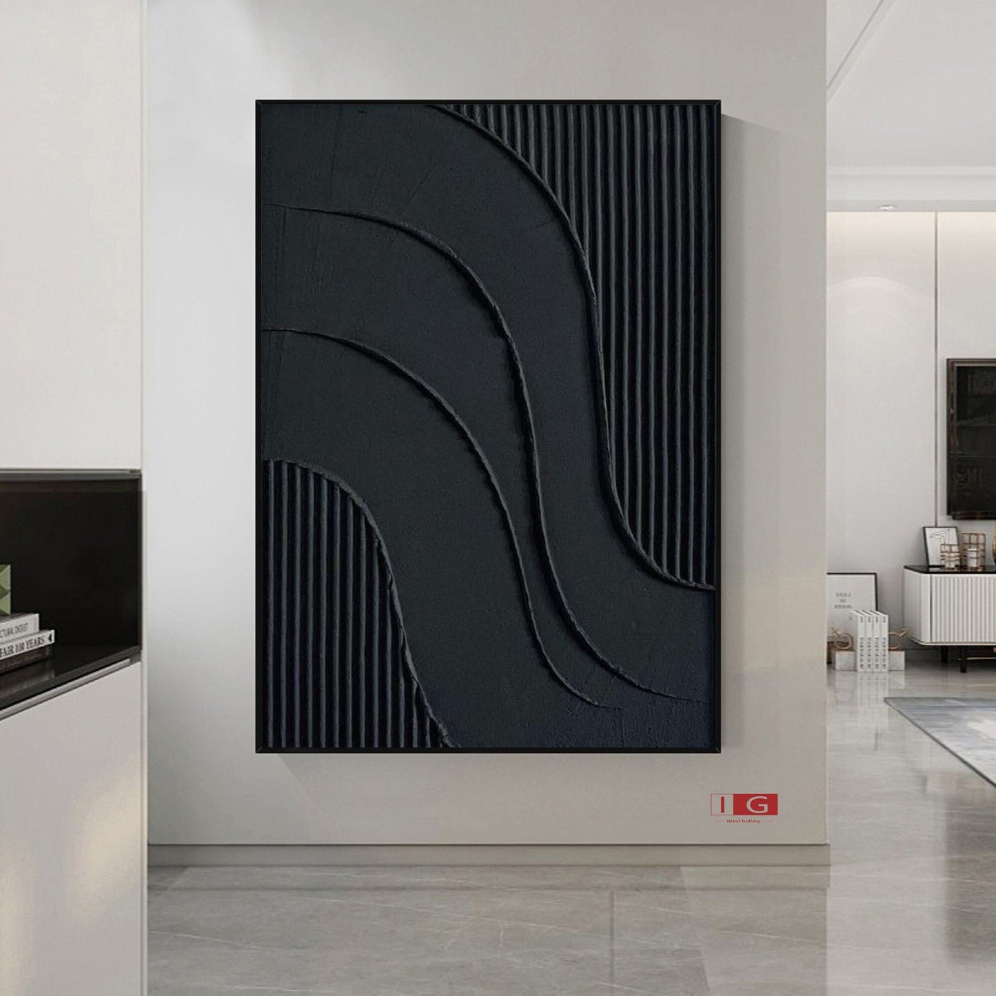 Black Textured Abstract Painting – Framed 3D Wall Decor